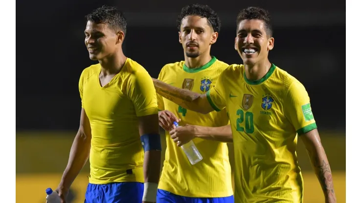 Thiago Silva, Marquinhos and Roberto Firmino celebrate. (Getty)