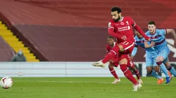 Liverpool's Mo Salah shoots a penalty to score for his team against West Ham (Getty).
