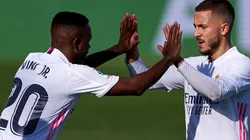 Real Madrid's Eden Hazard (right) celebrates with teammate Vinicius Jr. after scoring a goal (Getty).