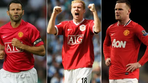 Ryan Giggs (left), Paul Scholes (centre) and Wayne Rooney (right). (Getty)