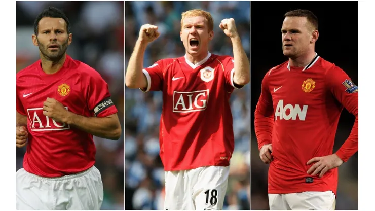 Ryan Giggs (left), Paul Scholes (centre) and Wayne Rooney (right). (Getty)