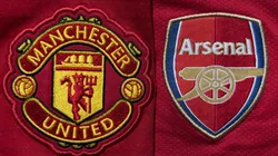The Manchester United and Arsenal club crests on home shirts. (Getty)