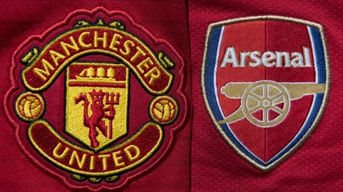 The Manchester United and Arsenal club crests on home shirts. (Getty)