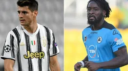 Alvaro Morata of Juventus (left) and Mbala Nzola of Spezia Calcio (right). (Getty)