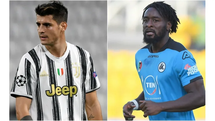 Alvaro Morata of Juventus (left) and Mbala Nzola of Spezia Calcio (right). (Getty)