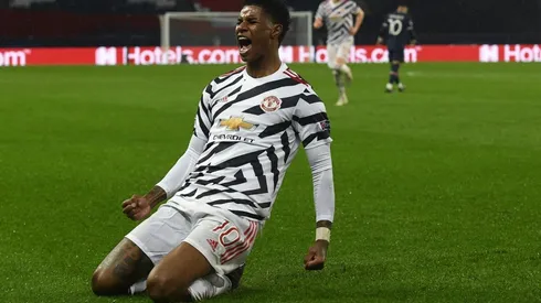 Marcus Rashford celebrates after scoring the 2-1 for Manchester United. (Getty)