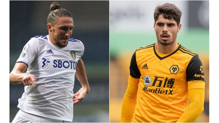 Luke Ayling of Leeds United (left) and Wolverhampton Wanderers' Pedro Neto (right). (Getty)
