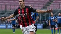 Zlatan Ibrahimovic of AC Milan celebrates after scoring against Inter. (Getty)