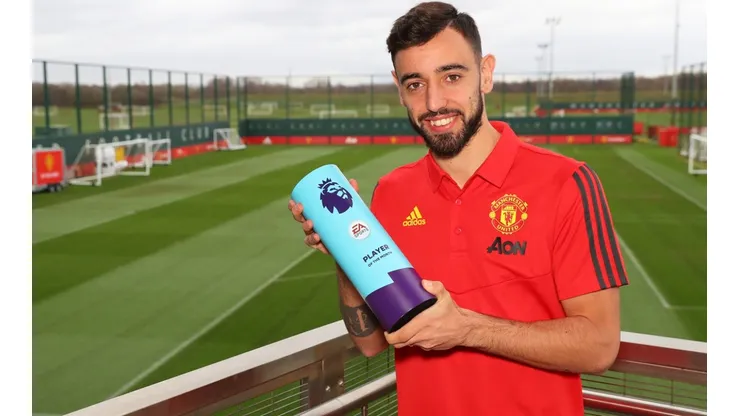 Bruno Fernandes of Manchester United is Presented with the Premier League Player of the Month for February. (Getty)