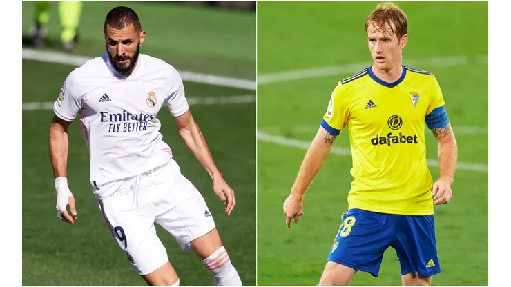 Karim Benzema of Real Madrid (left) and Alex Fernandez of Cadiz (ritgh). (Getty)