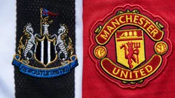Newcastle United club crest (left) and the Manchester United crest (right) on shirts. (Getty)