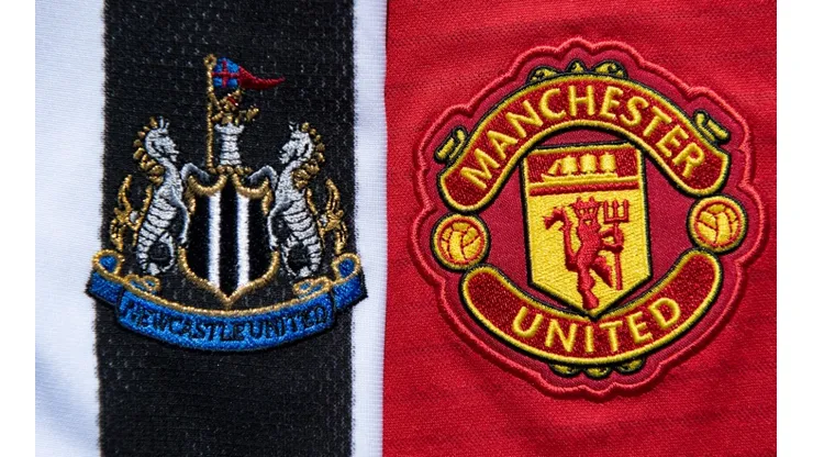 Newcastle United club crest (left) and the Manchester United crest (right) on shirts. (Getty)