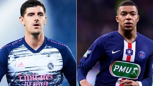 Thibaut Courtois of Real Madrid and Kylian Mbappe of PSG. (Getty)