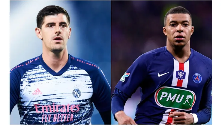 Thibaut Courtois of Real Madrid and Kylian Mbappe of PSG. (Getty)