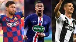 Lionel Messi of Barcelona (left), Kylian Mbappe of PSG (center) and Cristiano Roanldo of Juventus (right). (Getty)