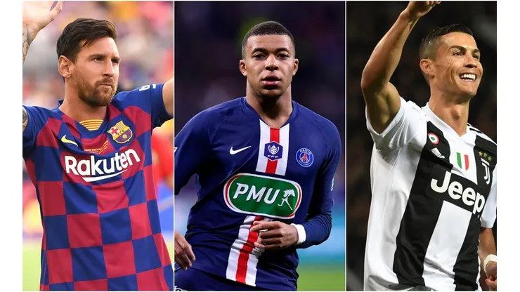 Lionel Messi of Barcelona (left), Kylian Mbappe of PSG (center) and Cristiano Roanldo of Juventus (right). (Getty)
