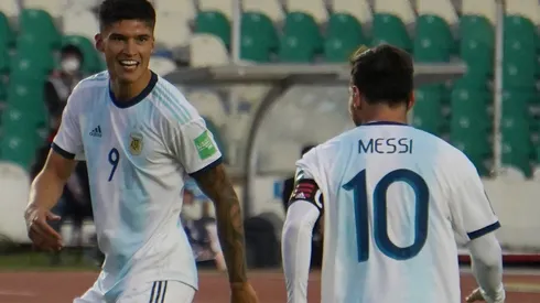 Argentina's Joaquín Correa (left) celebrates with Lionel Messi after scoring the winning goal against Bolivia (Getty).