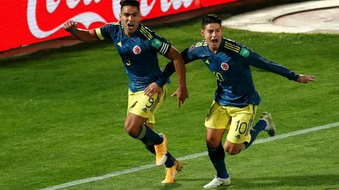 Colombia's Falcao (left) celebrates with James Rodríguez after scoring against Chile (Getty).