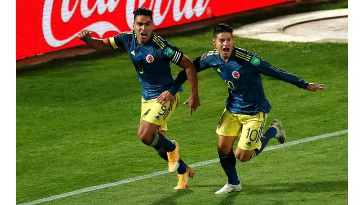 Colombia's Falcao (left) celebrates with James Rodríguez after scoring against Chile (Getty).