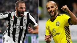 Gonzalo Higuain while playing for Juventus (left) and Federico Higuain during his time at Columbus Crew (right). (Getty)