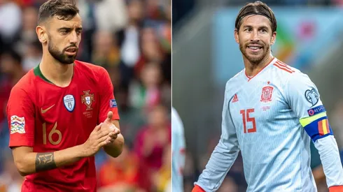 Portugal vs Spain 2020: Bruno Fernandes of Portugal (left) and Sergio Ramos of Spain (Getty).