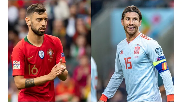 Portugal vs Spain 2020: Bruno Fernandes of Portugal (left) and Sergio Ramos of Spain (Getty).