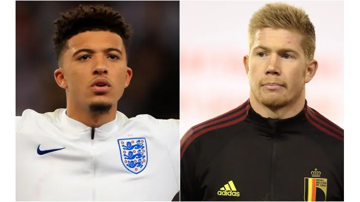 Jadon Sancho of England (left) and Kevin de Bruyne of Belgium (right). (Getty)