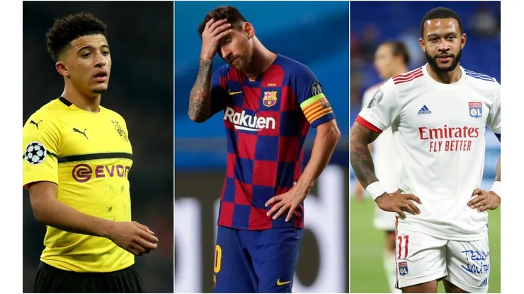 Jadon Sancho of Borussia Dortmund (left), Lionel Messi of Barcelona (center) and Memphis Depay of Lyon (right). (Getty)