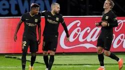 Barcelona's Ansu Fati (left) celebrates with teammates after scoring against Celta (Getty).