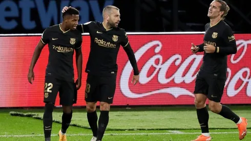 Barcelona's Ansu Fati (left) celebrates with teammates after scoring against Celta (Getty).