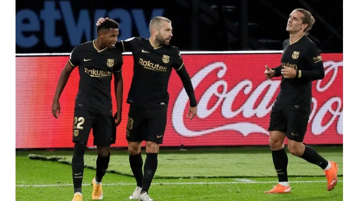 Barcelona's Ansu Fati (left) celebrates with teammates after scoring against Celta (Getty).
