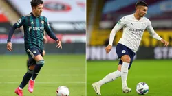 Ian Poveda of Leeds United (left) and Ferran Torres of Manchester City (right). (Getty)