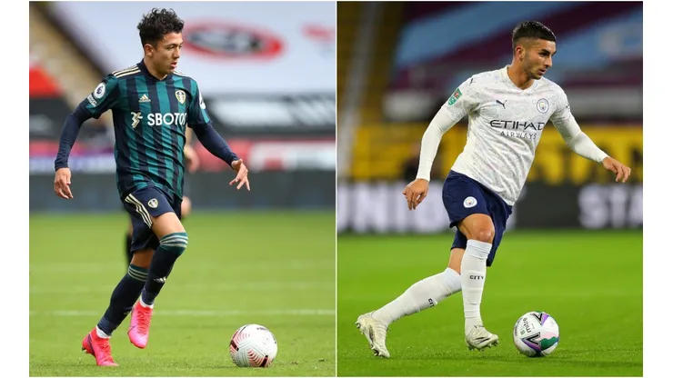 Ian Poveda of Leeds United (left) and Ferran Torres of Manchester City (right). (Getty)