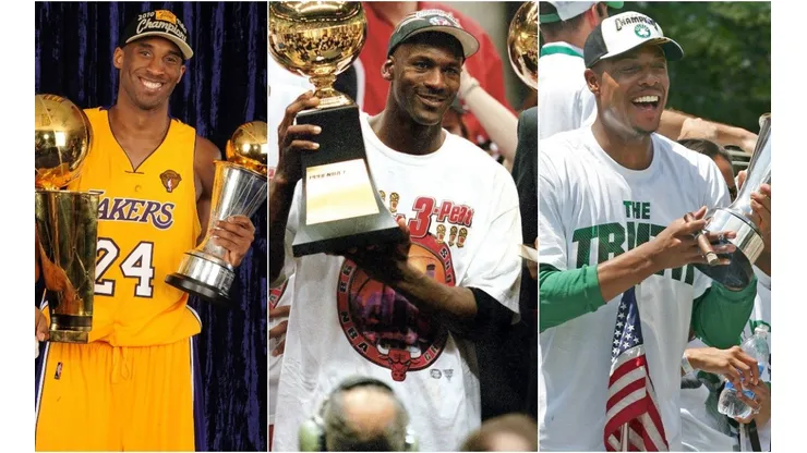 Kobe Bryant (left), Michael Jordan, and Paul Pierce (right). (Getty)