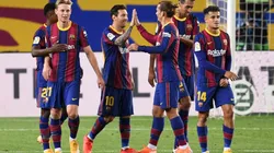 Barcelona's Lionel Messi celebrate with teammates after scoring against Villarreal (Getty).