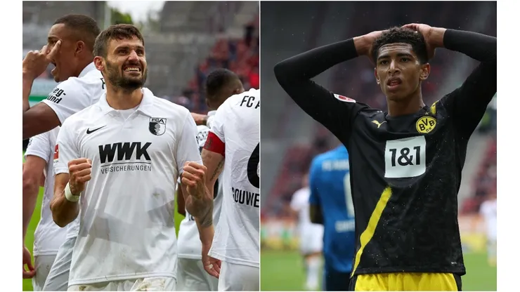 Daniel Caligiuri of Augsburg (left) and Jude Bellingham of Borussia Dortmund (right). (Getty)