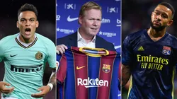 Lautaro Martinez of Inter (left), Barcelona coach Ronald Koeman (center), and Memphis Depay of Lyon (right). (Getty)