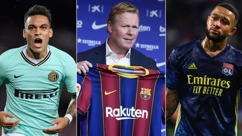 Lautaro Martinez of Inter (left), Barcelona coach Ronald Koeman (center), and Memphis Depay of Lyon (right). (Getty)