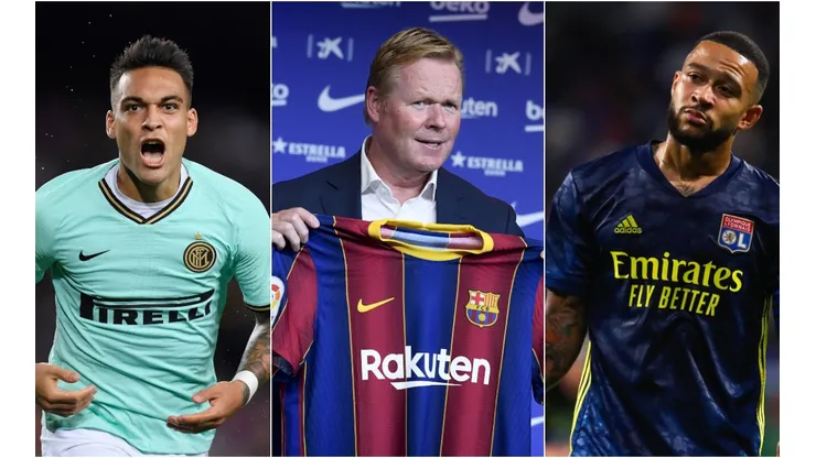Lautaro Martinez of Inter (left), Barcelona coach Ronald Koeman (center), and Memphis Depay of Lyon (right). (Getty)