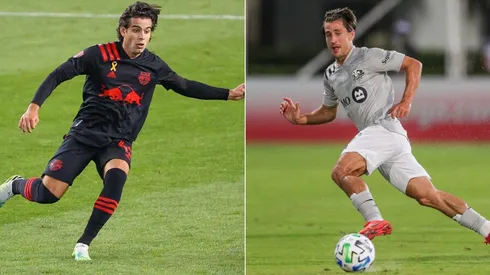 New York Red Bulls vs Montreal Impact: Brian White of the NYRB (left) and Bojan Krkic of the Impact (Getty).