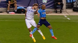 New York City FC midfielder Alexander Ring (right) heads the ball during the second half of the Major League Soccer game against FC Cincinnati (Getty).