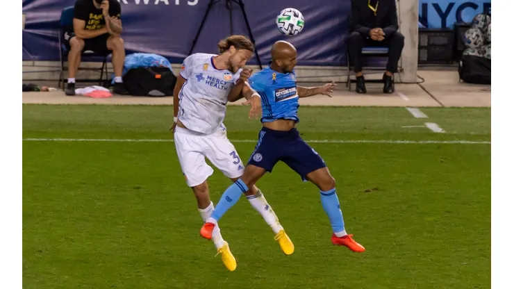 New York City FC midfielder Alexander Ring (right) heads the ball during the second half of the Major League Soccer game against FC Cincinnati (Getty).