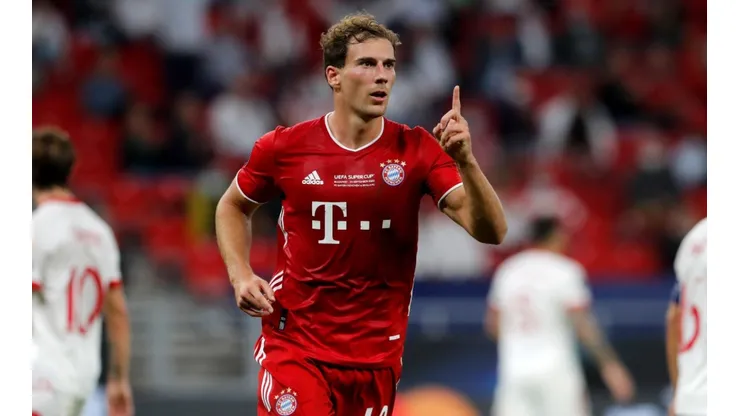 Bayern's Leon Goretzka celebrates after scoring against Sevilla in the UEFA Super Cup 2020 (Getty).