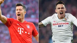 Robert Lewandowski of Bayern (left) and Lucas Ocampos of Sevilla (right). (Getty)