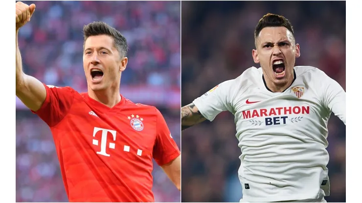Robert Lewandowski of Bayern (left) and Lucas Ocampos of Sevilla (right). (Getty)