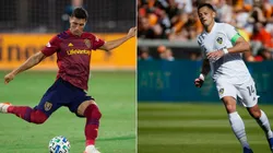 Real Salt Lake vs LA Galaxy: Aaron Herrera of RSL (left) and Javier 'Chicharito' Hernández of the Galaxy (Getty).