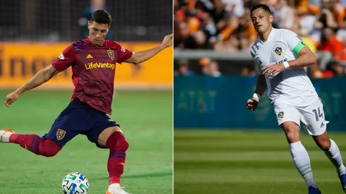 Real Salt Lake vs LA Galaxy: Aaron Herrera of RSL (left) and Javier 'Chicharito' Hernández of the Galaxy (Getty).