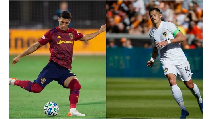 Real Salt Lake vs LA Galaxy: Aaron Herrera of RSL (left) and Javier 'Chicharito' Hernández of the Galaxy (Getty).