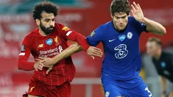 Chelsea vs Liverpool: Mohamed Salah of Liverpool (left) and Marcos Alonso of Chelsea battle for the ball (Getty).