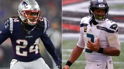 Stephon Gilmore (left) and Russell Wilson. (Getty)